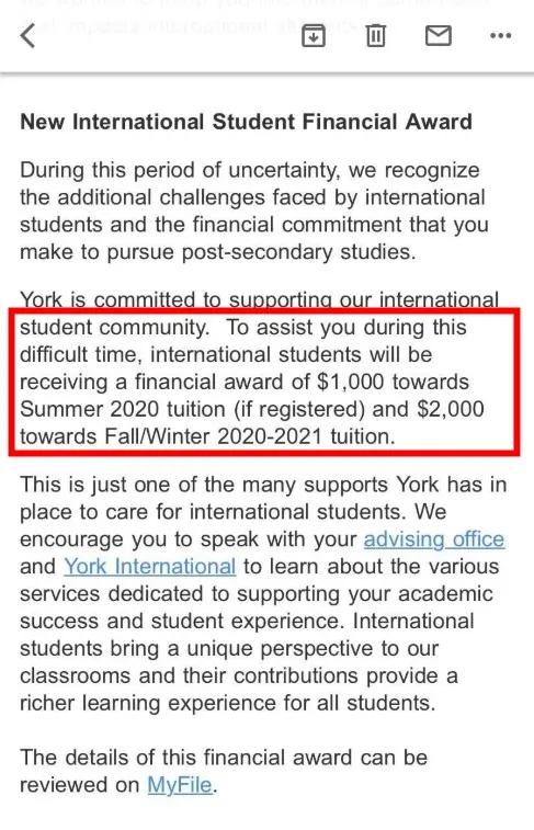 3000加元每人，加拿大约克大学为留学生发学费补助