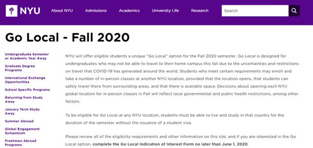 纽约大学秋季学期，国际生可申请“Go Local”全球分校就近入学