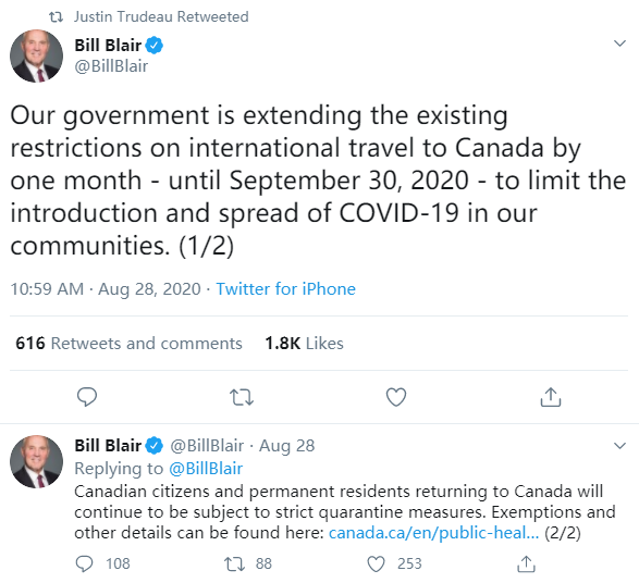 加拿大旅行禁令再次延期一个月至9月30日