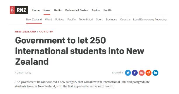 新西兰将允许250名留学生入境，首批学生预计于11月抵新！
