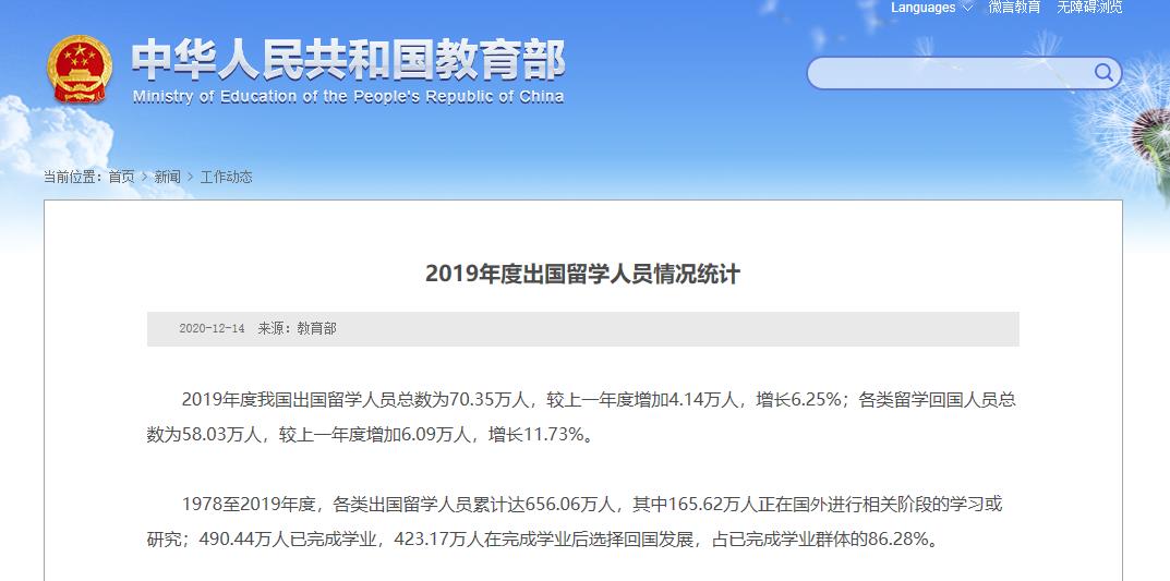 教育部发布2019年度出国留学人员情况统计