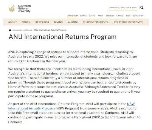 澳洲国立大学发布返澳细节，2022年1月起留学生陆续接回