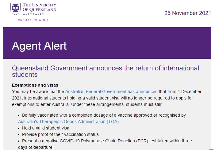 UQ昆士兰大学：关于国际学生返校最新信息更新