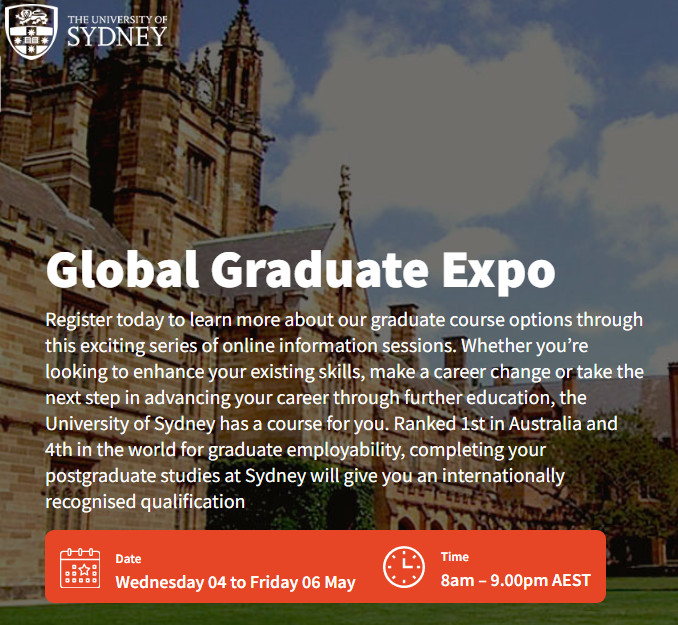 悉尼大学5月4-6日举办线上研究生招生说明会Global Graduate Expo
