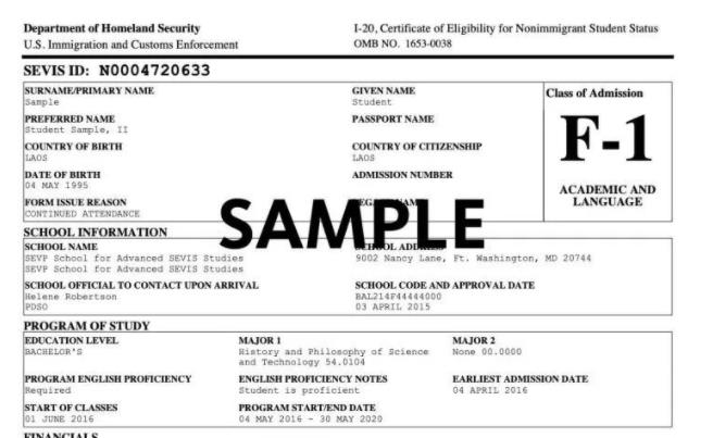 I-20表格，留学生赴美全日制学习身份证明文件