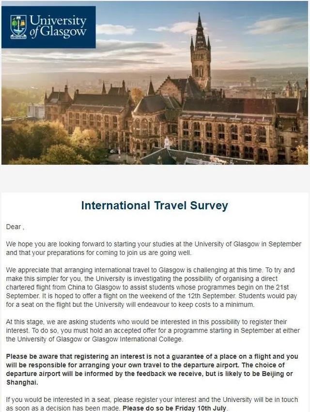 格拉斯哥大学的同学们，学校要包机接你们返校啦