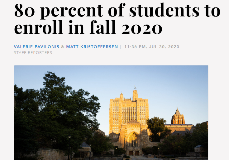 耶鲁大学校报：2020秋季入学率80%