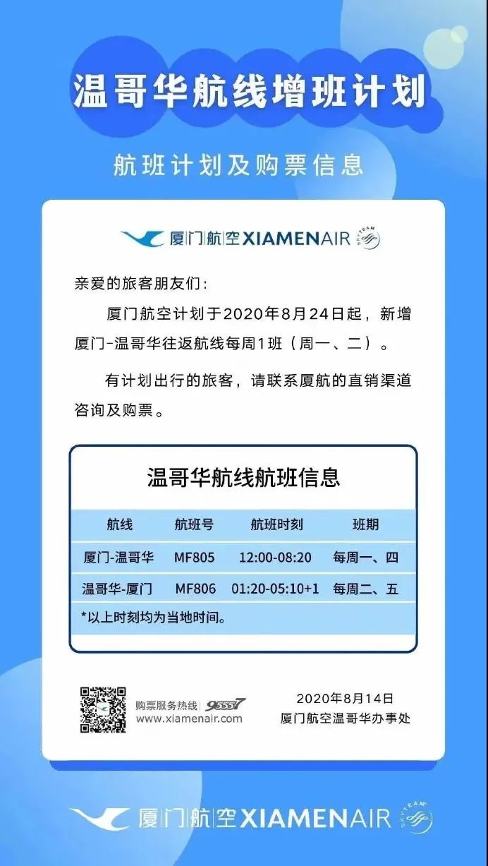中加航班增至13趟！厦航获奖励航班